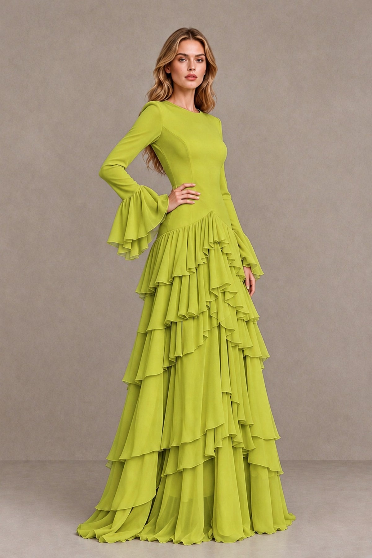 Chartreuse Long Sleeve Tiered Ruffle Evening Gown - Chartreuse - Chartreuse_3