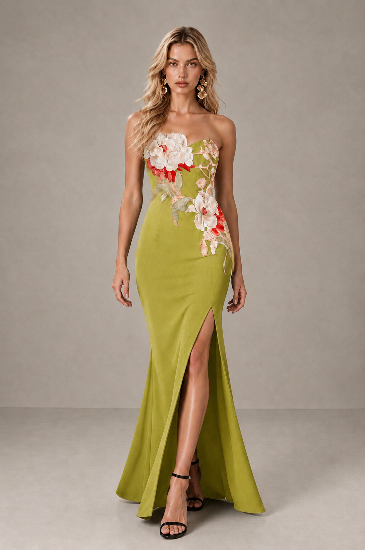 BOLODOO Chartreuse Strapless Floral Mermaid Evening Dress with Slit - Chartreuse - Chartreuse_3