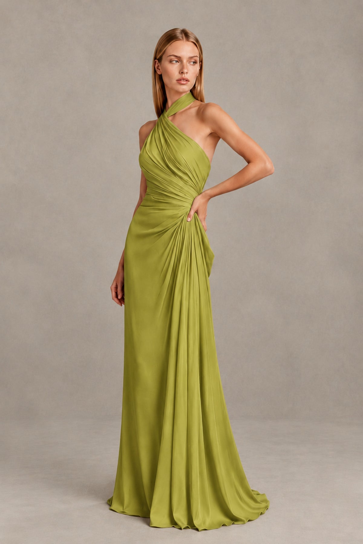 BOLODOO Chartreuse Twisted Halter Neck Ruched Sleeveless Open Back Floor-Length Gown - Chartreuse - Chartreuse_3
