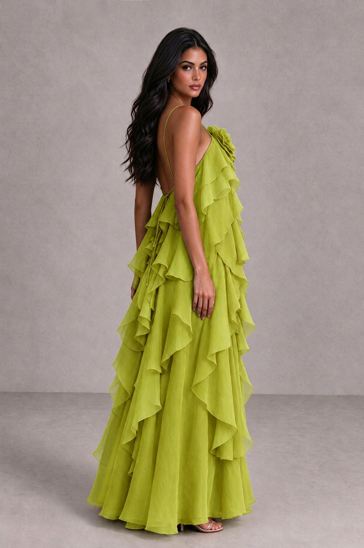 BOLODOO Chartreuse Cascading Ruffle Rosette Open-Back Maxi Dress - Chartreuse - Chartreuse_3