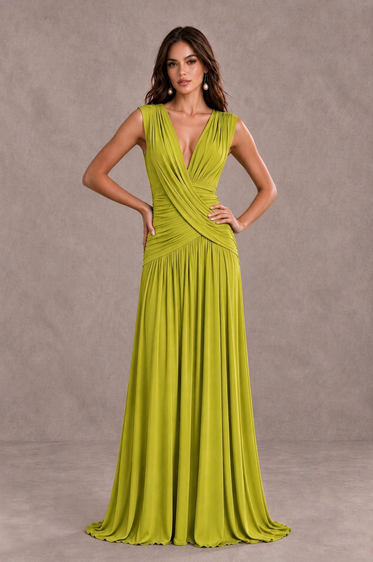 BOLODOO Chartreuse V-Neck Ruched Wedding Guest Dress - Chartreuse - Chartreuse_3