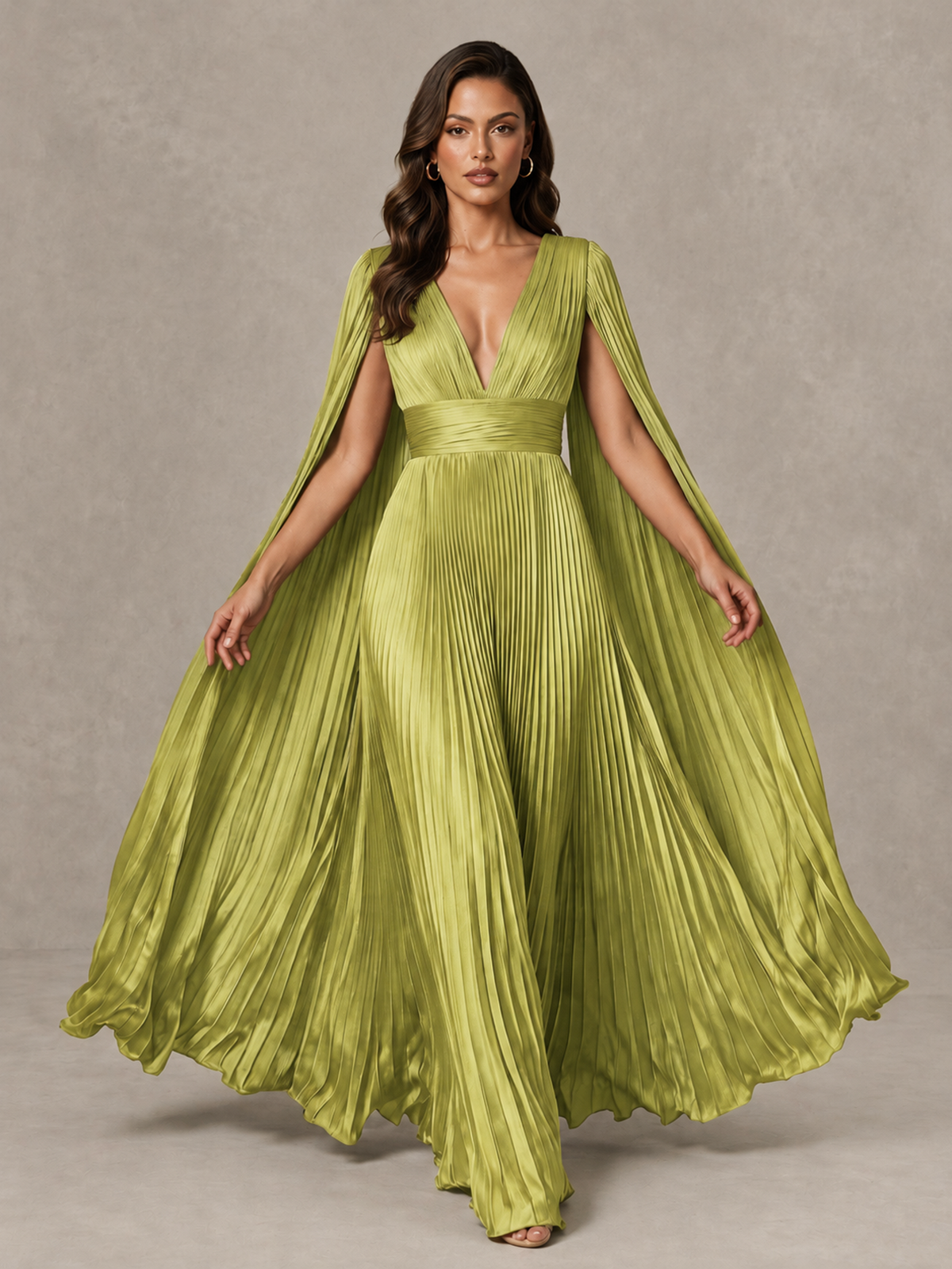 BOLODOO Chartreuse Deep V-Neck Pleated Cape Sleeve Evening Gown - Chartreuse - Chartreuse_3