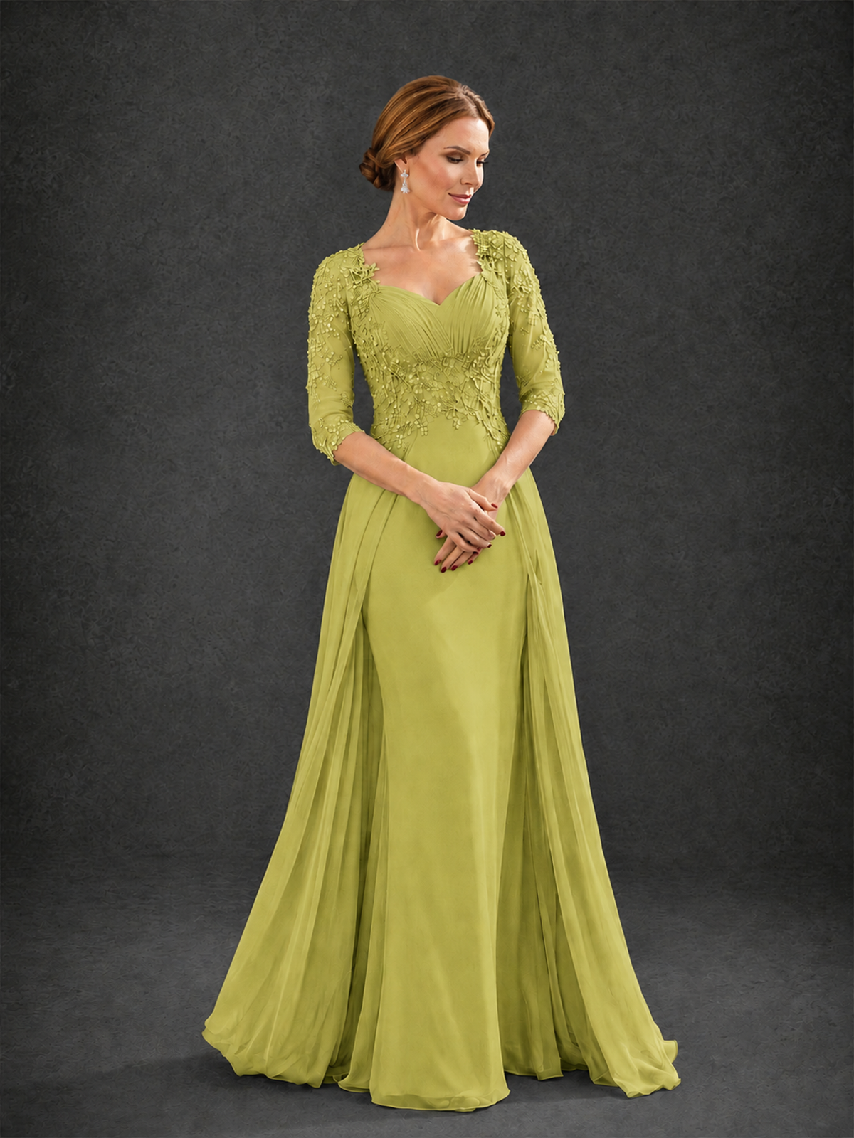 BOLODOO Chartreuse Sweetheart Neck 3/4 Sleeve Floral Lace Illusion Bodice Chiffon A-Line Gown - Chartreuse - Chartreuse_3