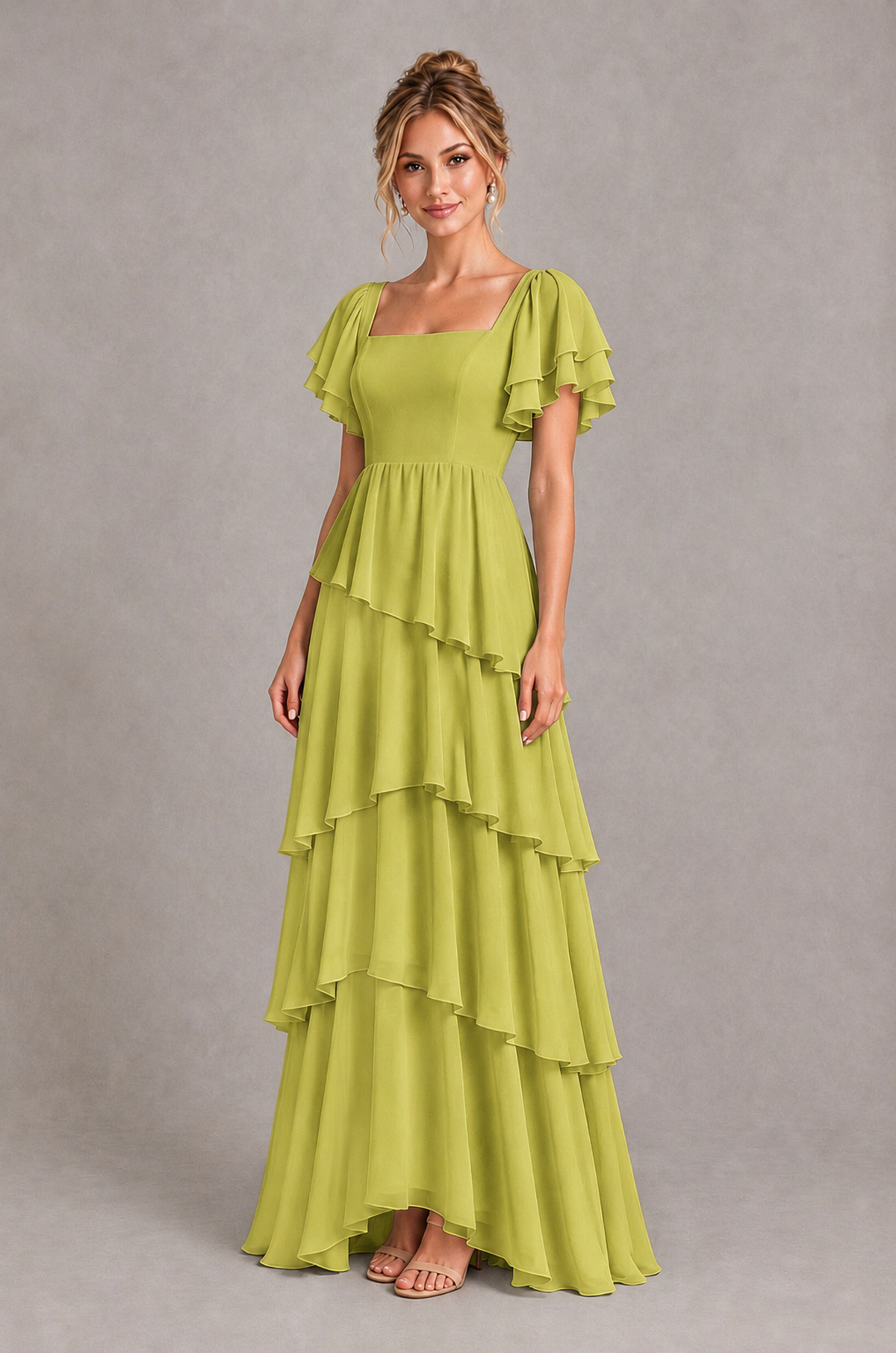 BOLODOO Chartreuse Square Neck Flutter Sleeve Tiered Chiffon Bridesmaid Dress with Lace-Up Back - Chartreuse - Chartreuse_3
