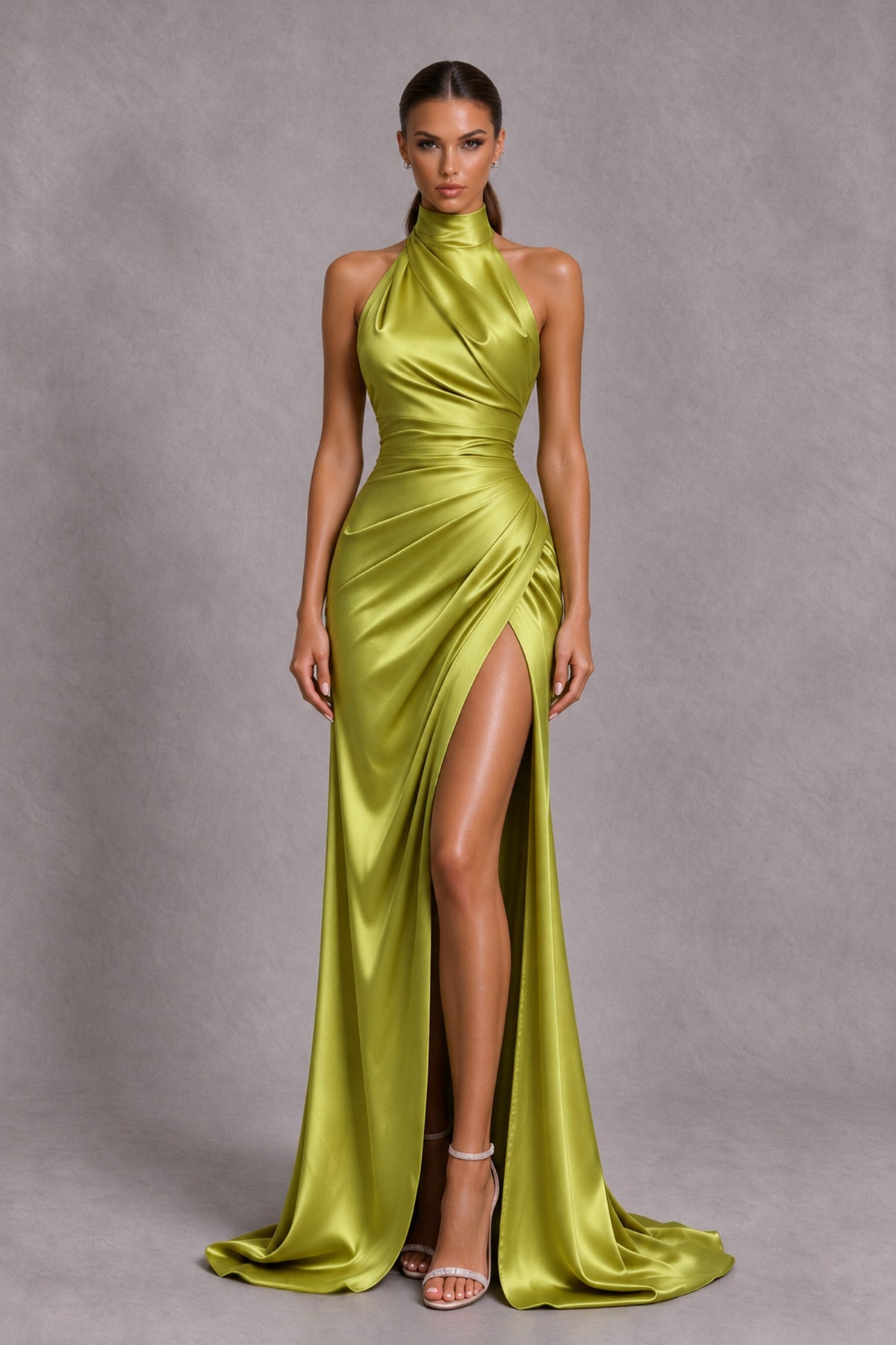 BOLODOO Chartreuse Halter Satin-Look Evening Gown with High Slit - Chartreuse - Chartreuse_3