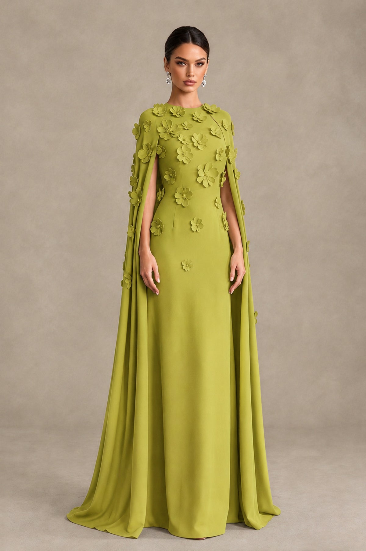 BOLODOO Chartreuse 3D Floral Applique Cape Formal Dress - Chartreuse - Chartreuse_3