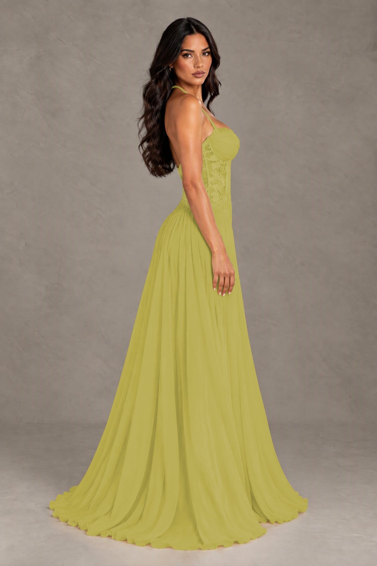 BOLODOO Chartreuse Lace Corset Halter Maxi Gown – Backless A-Line Formal Dress - Chartreuse - Chartreuse(3)