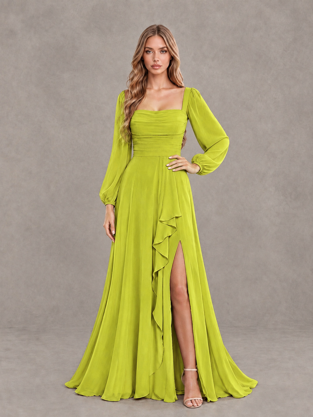 BOLODOO Chartreuse Square Neck Long Sleeve Bridesmaid Dress with Ruffle Slit - Chartreuse - Chartreuse_3