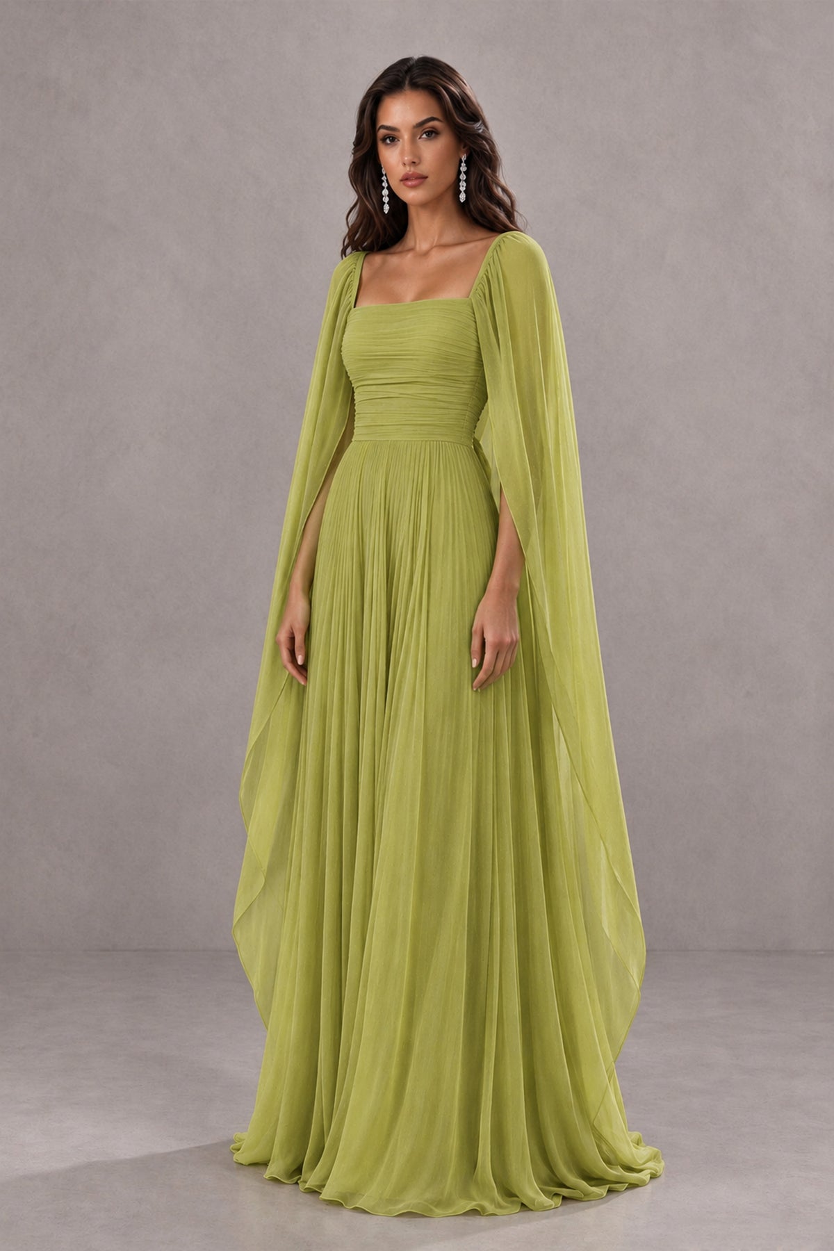 BOLODOO Chartreuse Square Neck Cape Sleeve A-Line Evening Dress - Chartreuse - Chartreuse_3