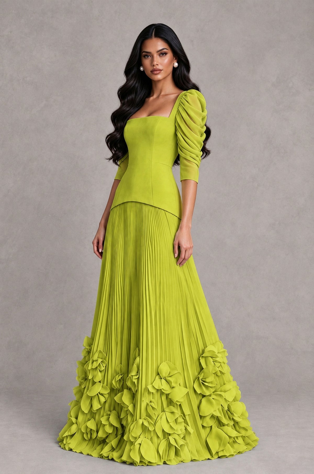 BOLODOO Chartreuse Square Neck Pleated Floral Applique Evening Dress - Chartreuse - Chartreuse_3