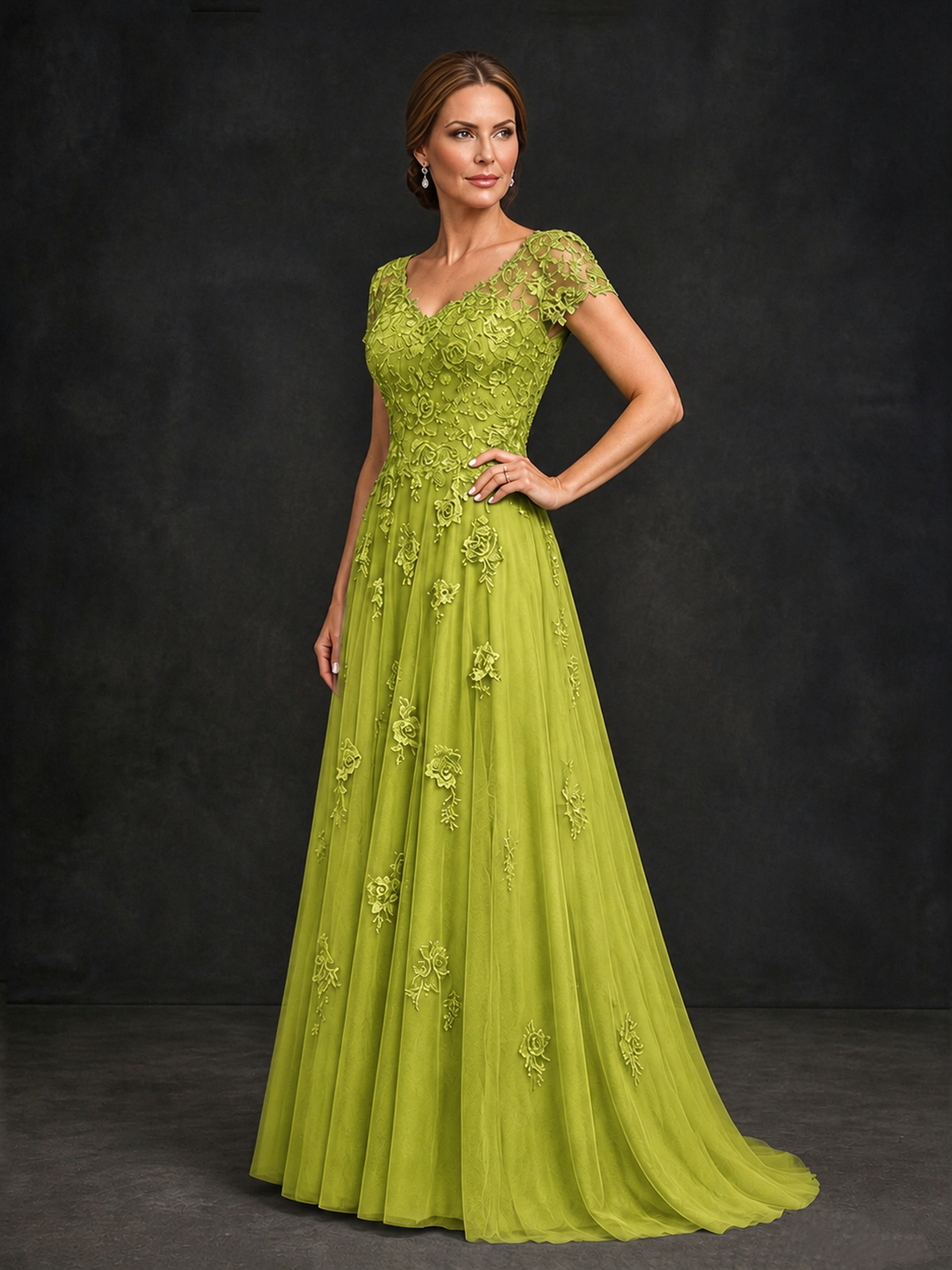 BOLODOO Chartreuse Cap Sleeve Lace Appliqué A-Line Formal Gown | Mother of the Bride Dress - Chartreuse - Chartreuse_3