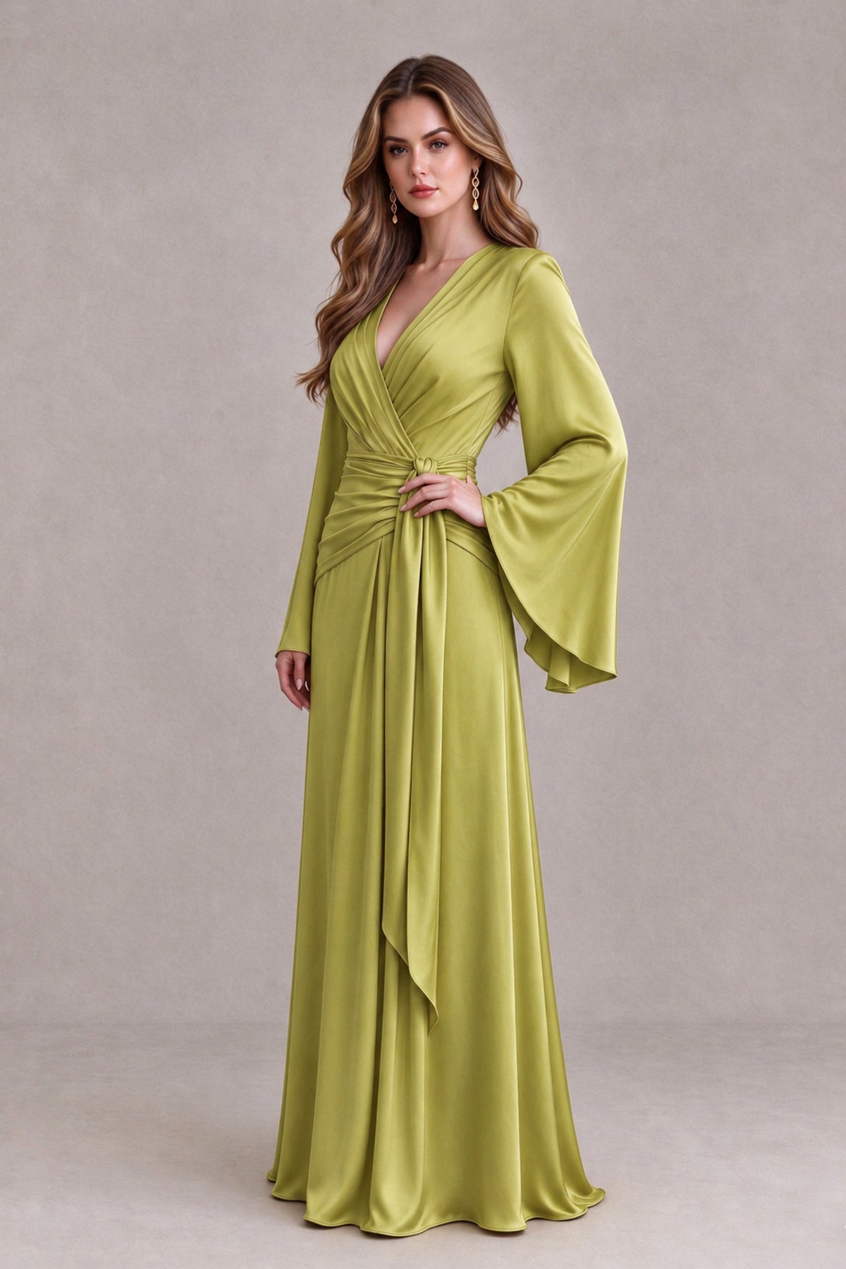 BOLODOO Chartreuse Yellow Satin-Look V-Neck Long Bell Sleeve Evening Dress - Chartreuse - Chartreuse_3