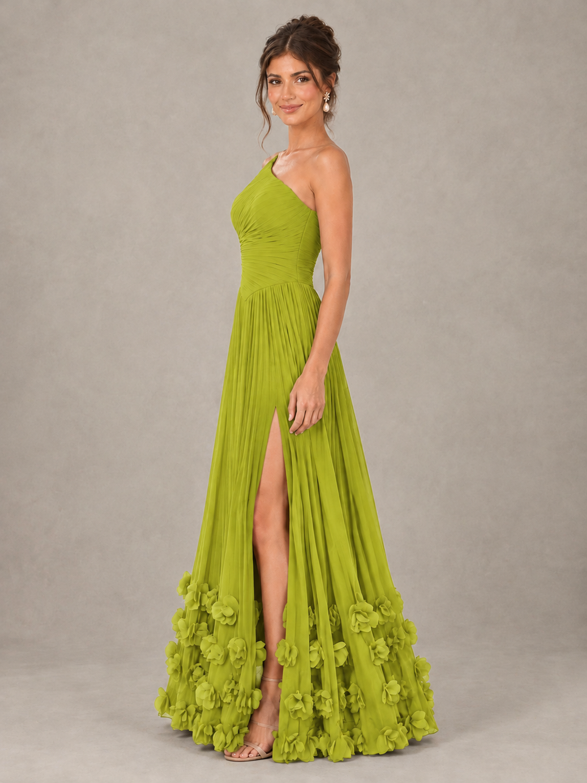 BOLODOO Chartreuse One-Shoulder Pleated Bridesmaid Dress with 3D Floral Hem - Chartreuse - Chartreuse_3