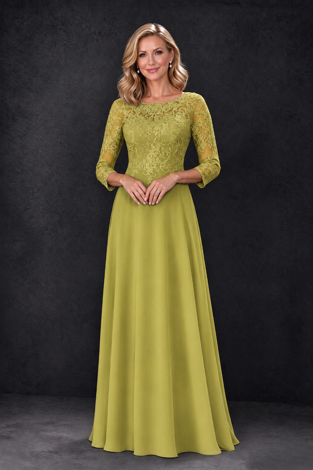 BOLODOO Chartreuse Lace Embroidered Mother of the Bride Dress with 3/4 Sleeves - Chartreuse - Chartreuse_3