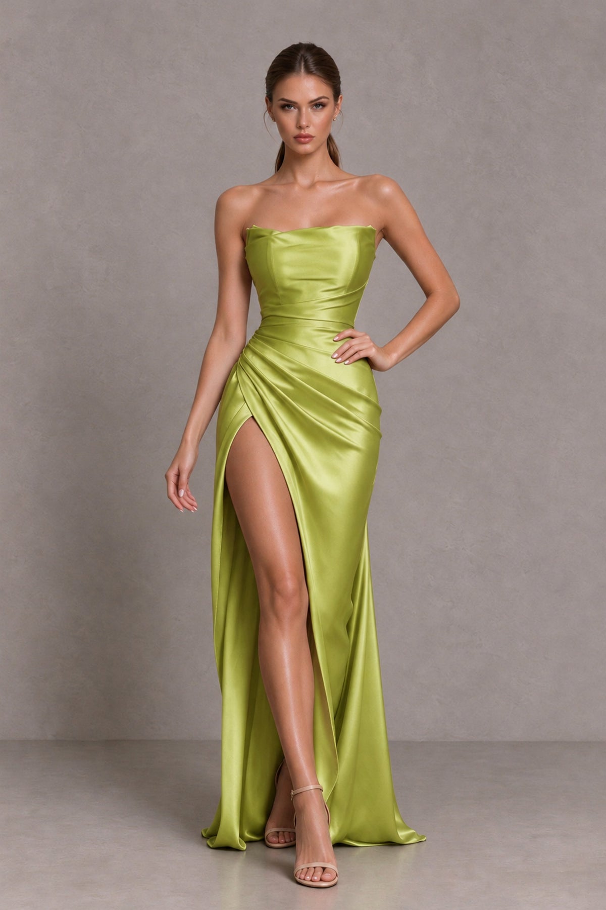 BOLODOO Chartreuse Strapless Ruched Satin-Look Evening Dress with High Slit - Chartreuse - Chartreuse_3