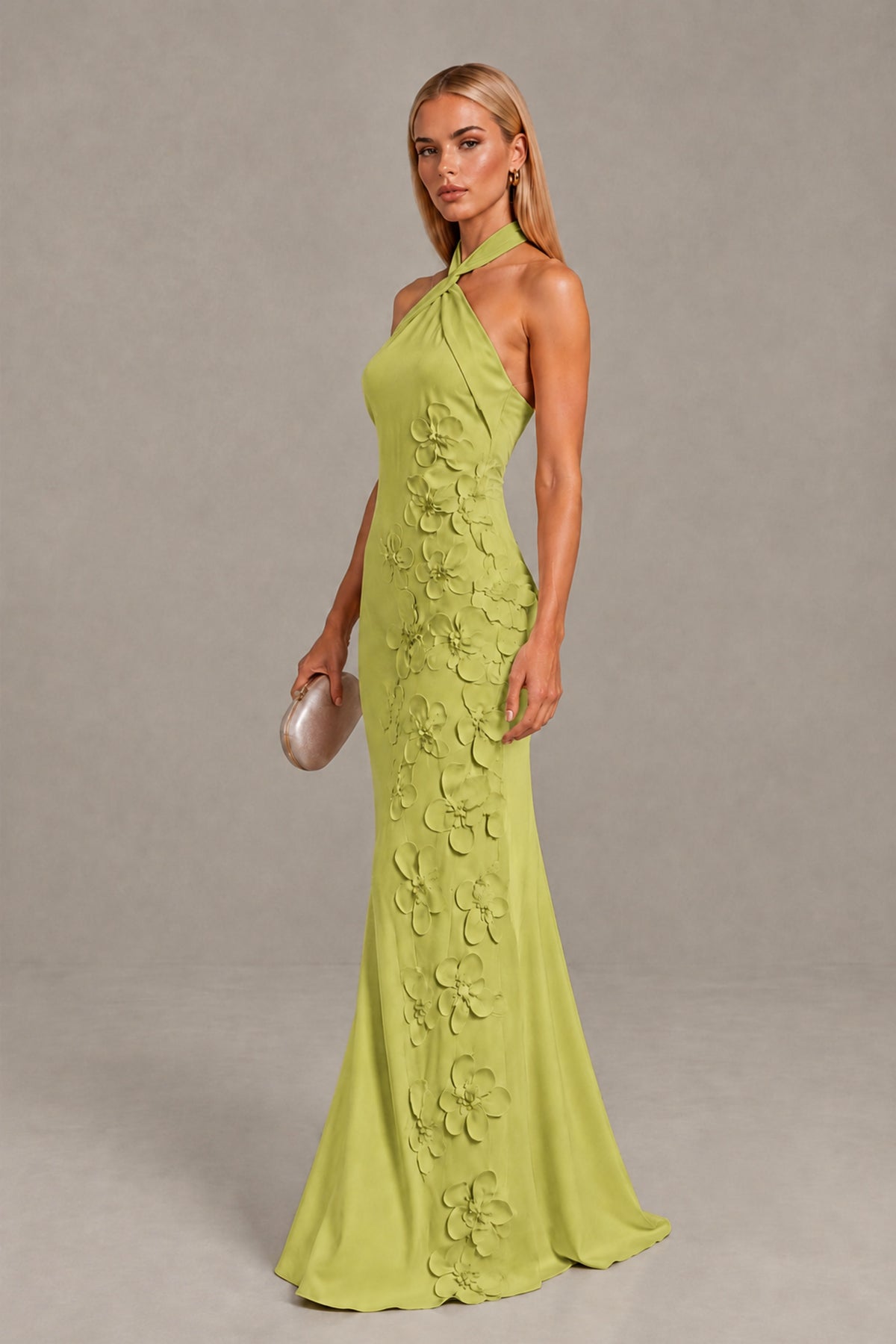 BOLODOO Chartreuse Cross Halter Neck 3D Floral Appliqué Backless Mermaid Maxi Gown - Chartreuse - Chartreuse_3