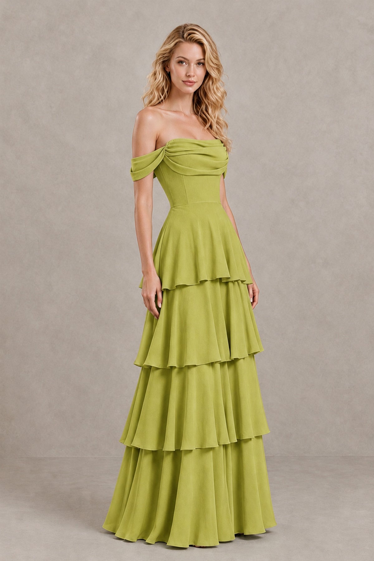 BOLODOO Chartreuse Off-the-Shoulder Tiered A-Line Evening Bridesmaid Dress - Chartreuse - Chartreuse_3
