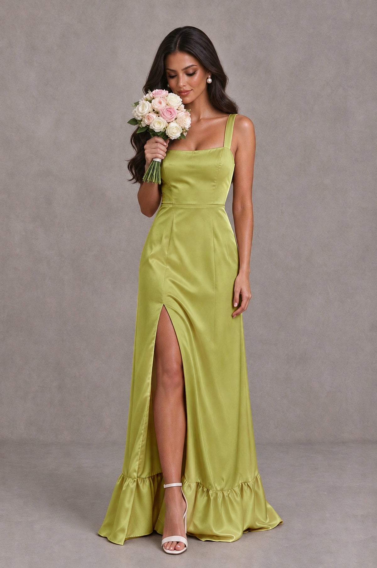 BOLODOO Chartreuse Square Neck Satin Evening Dress with Lace-Up Back and High Slit - Chartreuse - Chartreuse_3