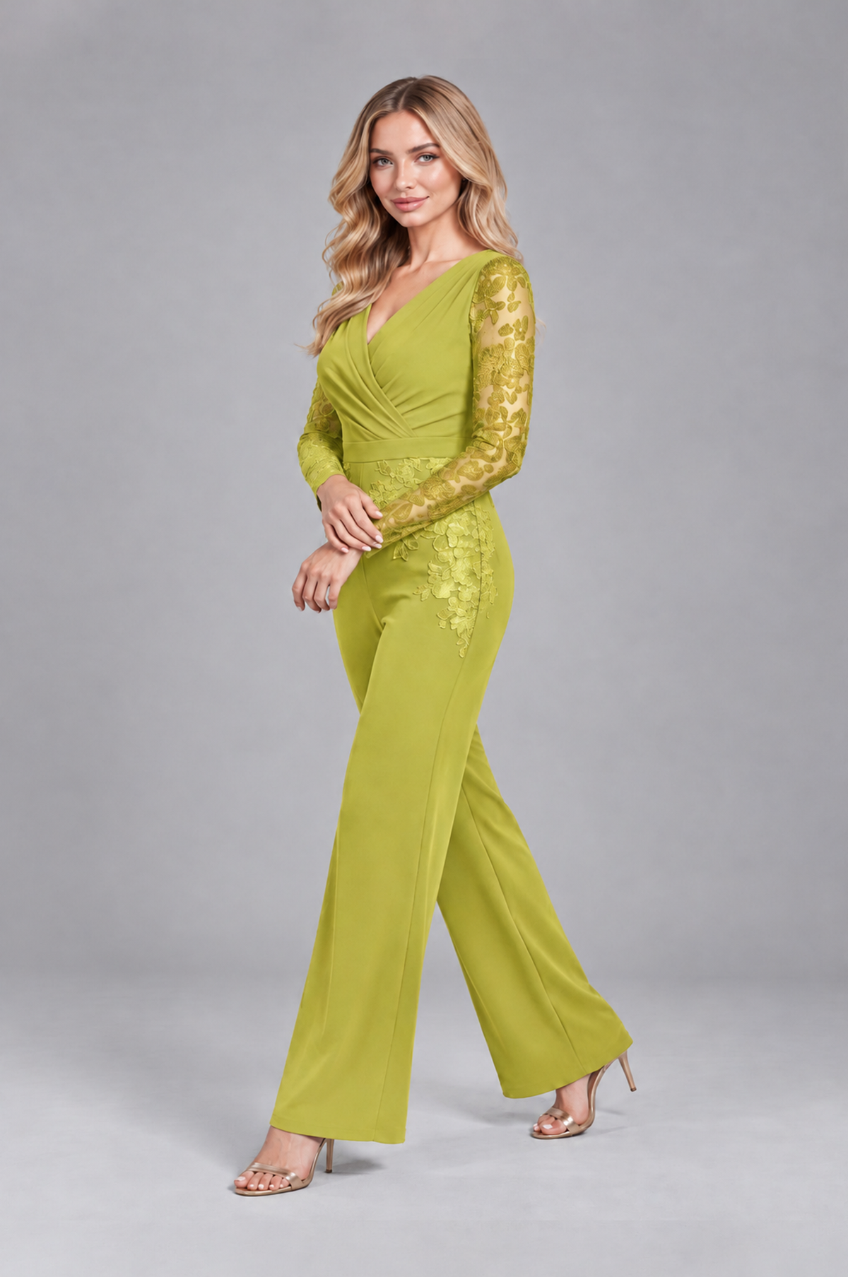 BOLODOO Chartreuse Lace Long-Sleeve V-Neck Mother Pant Suit - Chartreuse - Chartreuse_3