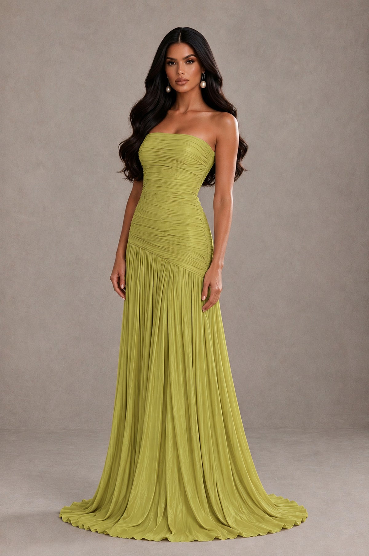 BOLODOO Chartreuse Metallic Ruched Strapless Pleated A-Line Backless Maxi Dress with Train - Chartreuse - Chartreuse_3
