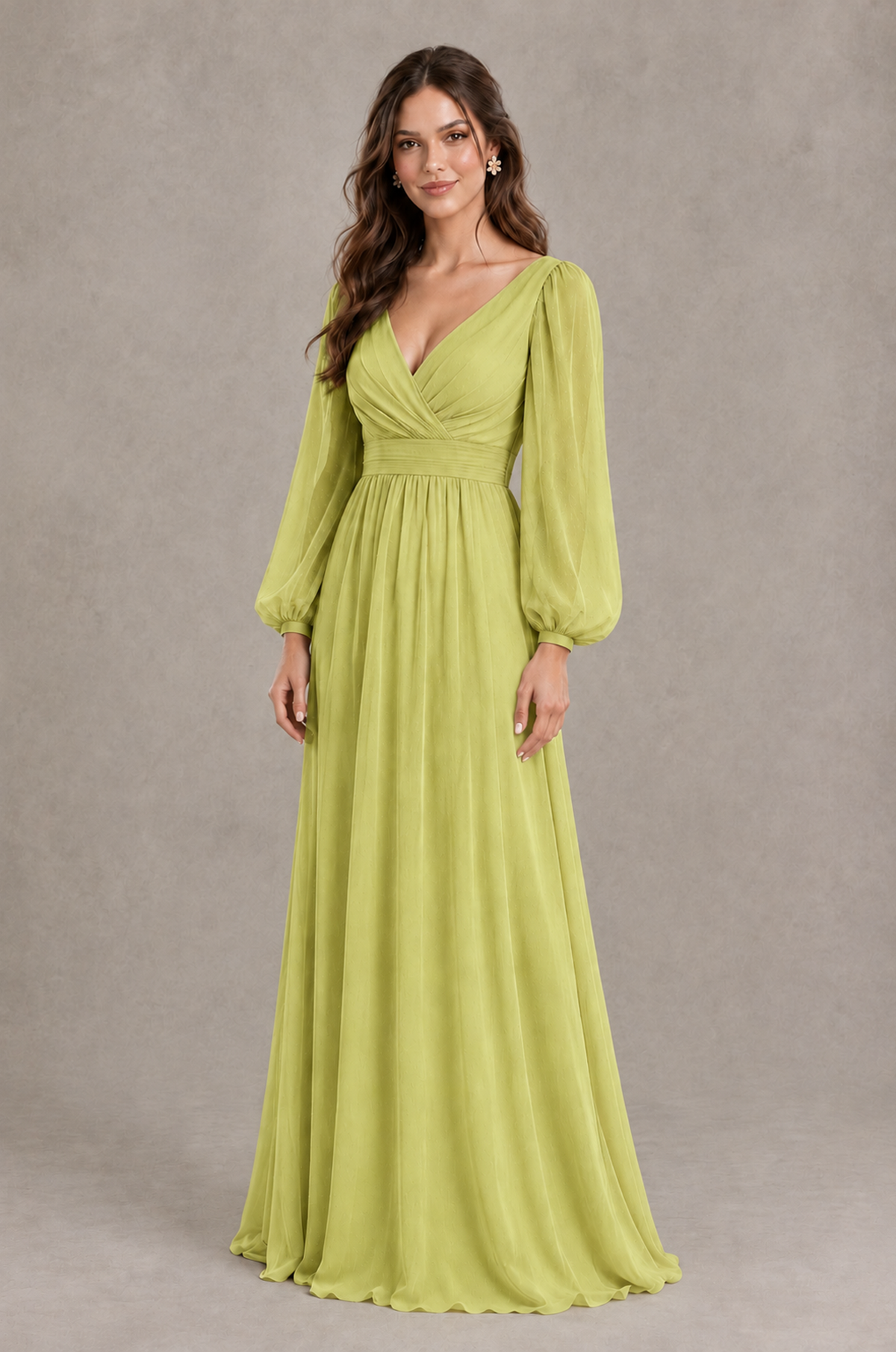 BOLODOO Chartreuse Long Sleeve V-Neck A-Line Bridesmaid Dress - Chartreuse - Chartreuse_3