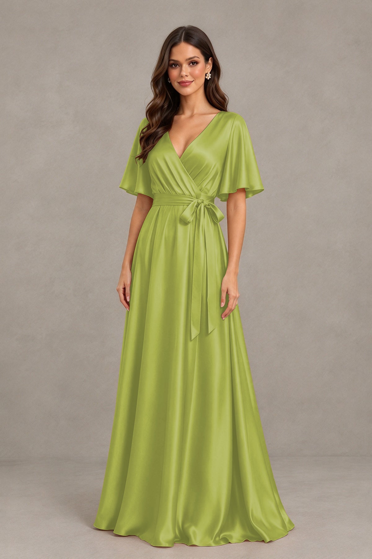BOLODOO Chartreuse Satin V-Neck Flutter Sleeve Bridesmaid Dress with Slit - Chartreuse - Chartreuse(3)