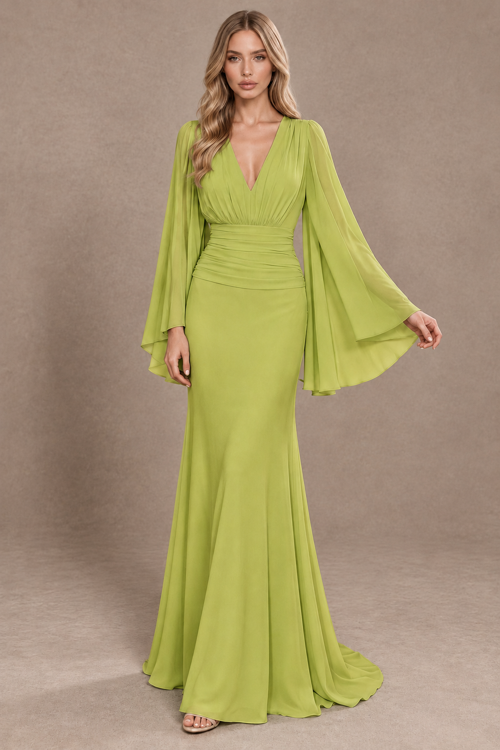 BOLODOO Chartreuse Cape Sleeve V-Neck Ruched Chiffon Evening Dress - Chartreuse - Chartreuse_3