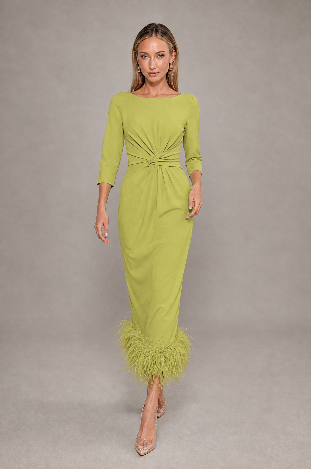BOLODOO Chartreuse Feather-Trim Twist-Waist Midi Dress - Chartreuse - Chartreuse_3