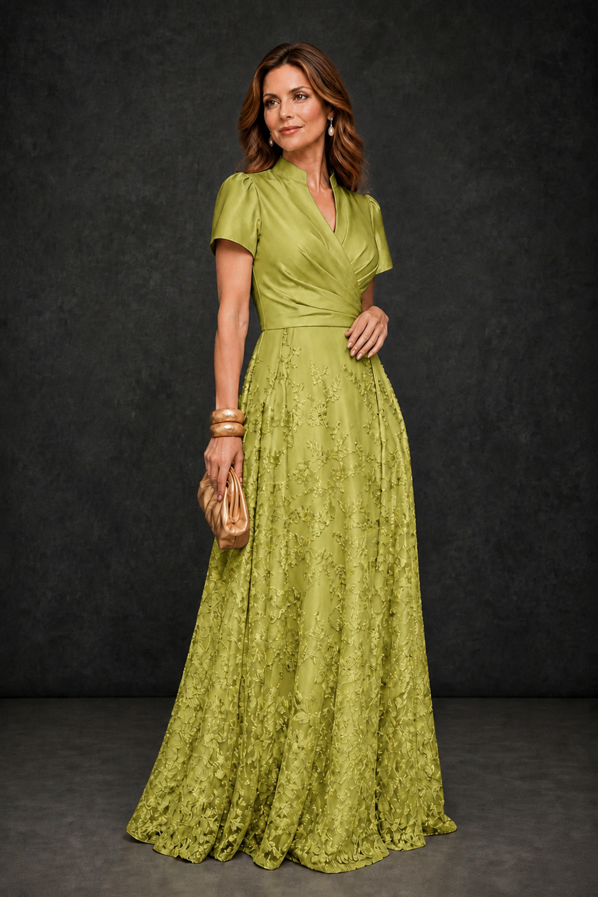 BOLODOO Chartreuse Satin Wrap V-Neck Short Sleeve Lace Glitter A-Line Floor Length Evening Gown – Formal Dress - Chartreuse - Chartreuse_3