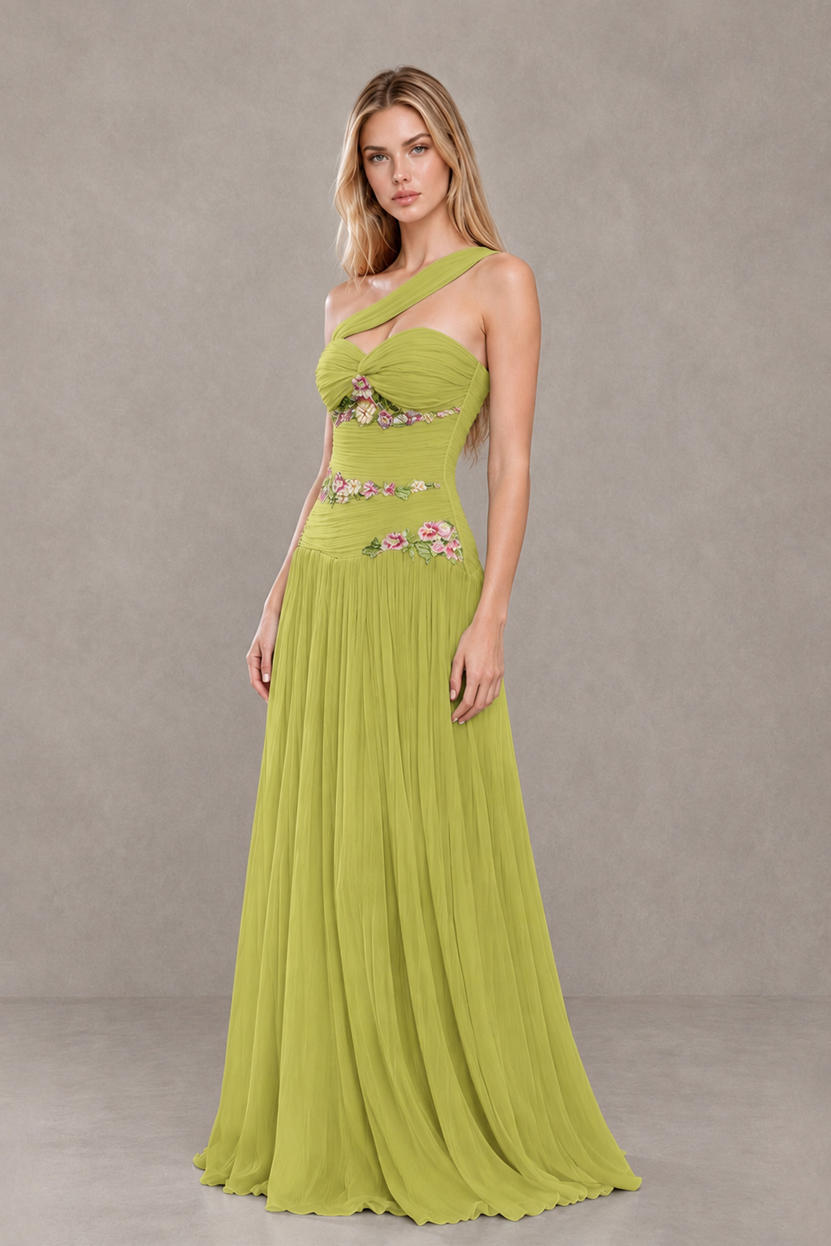 BOLODOO Chartreuse One-Shoulder Floral Applique A-Line Evening Dress - Chartreuse - Chartreuse_3