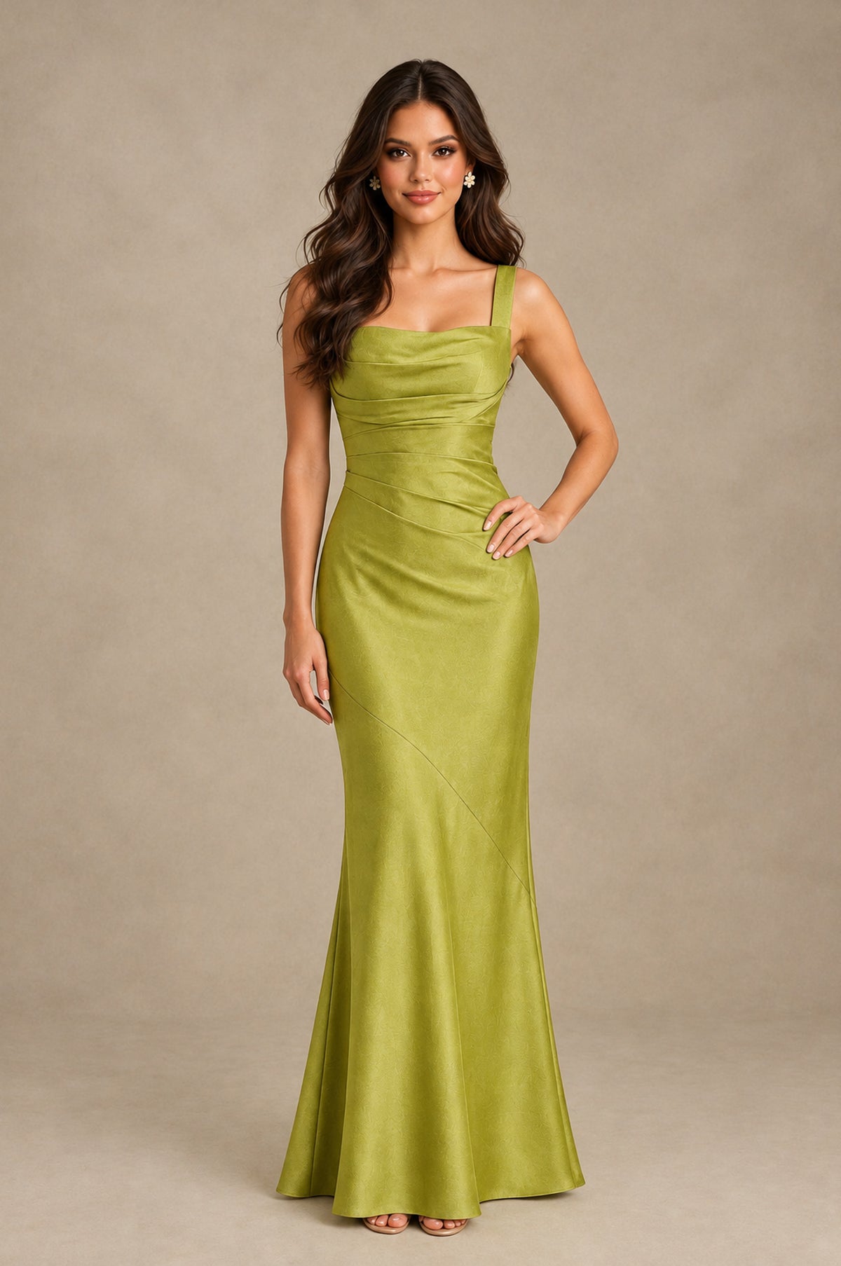 BOLODOO Chartreuse Square Neck Ruched Satin Lace-Up Bridesmaid Dress - Chartreuse - Chartreuse_3