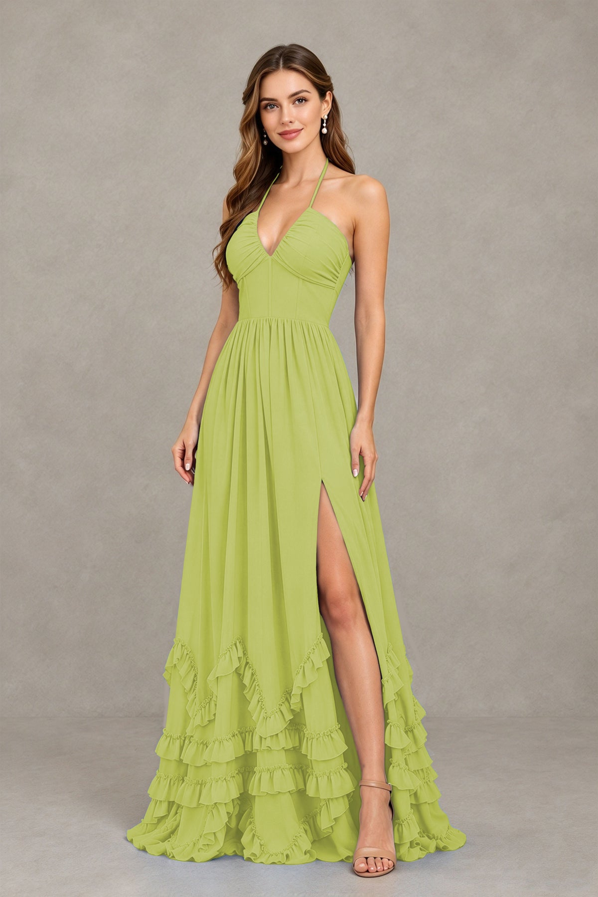 BOLODOO Chartreuse Halter Ruffle Hem A-Line Bridesmaid Dress with High Slit - Chartreuse - Chartreuse(3)