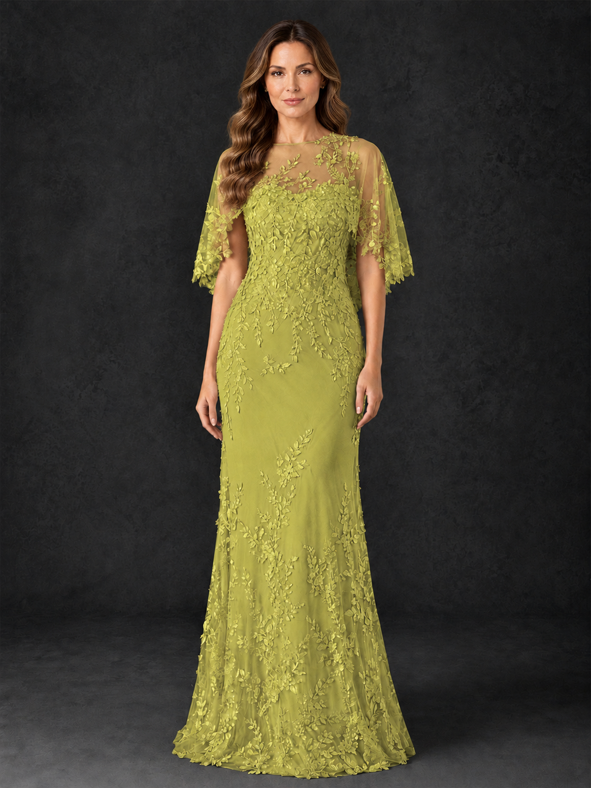 BOLODOO Chartreuse Botanical Lace Flutter Sleeve Mermaid Gown - Chartreuse - Chartreuse_3