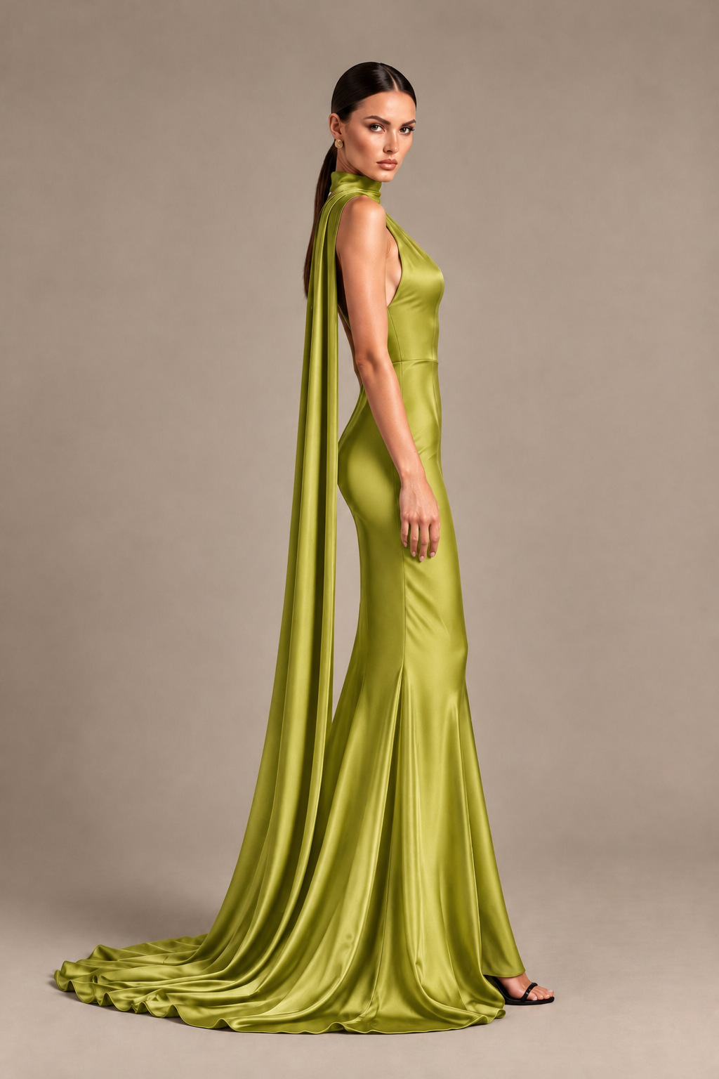 BOLODOO Chartreuse One-Shoulder Satin Mermaid Evening Dress with Scarf - Chartreuse - Chartreuse_3