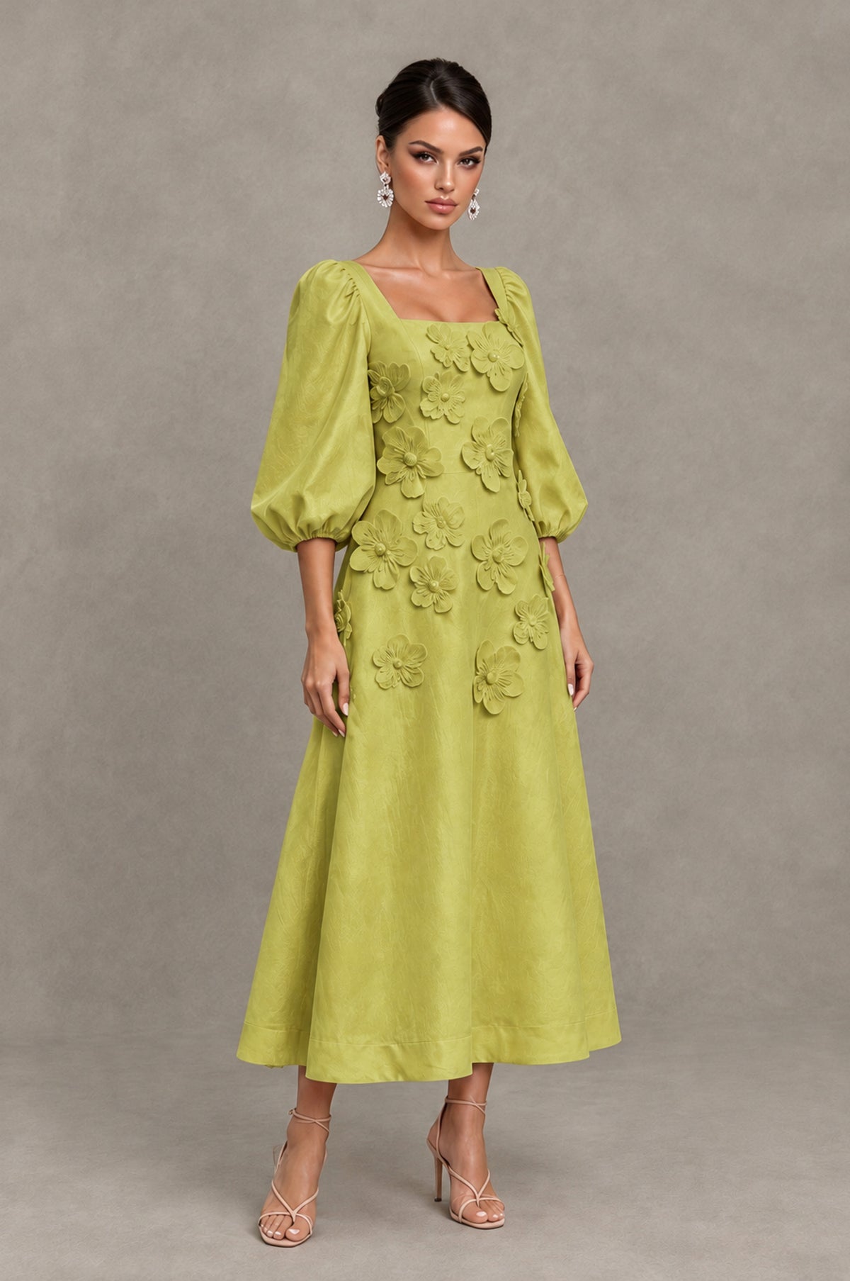 BOLODOO Chartreuse 3D Floral Puff Sleeve Midi Cocktail Dress - Chartreuse - Chartreuse_3