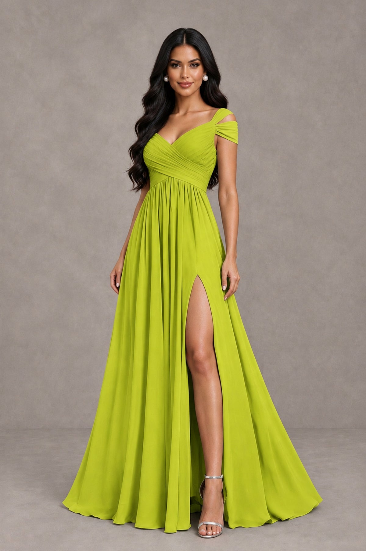 BOLODOO Chartreuse Cold Shoulder Chiffon Evening Dress with V Neck and High Slit - Chartreuse - Chartreuse_3