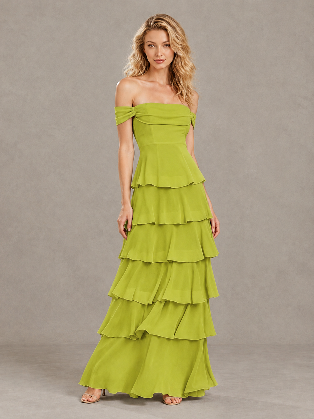 BOLODOO Chartreuse Off-Shoulder Tiered Ruffle Bridesmaid Dress with Lace-Up Back - Chartreuse - Chartreuse_3