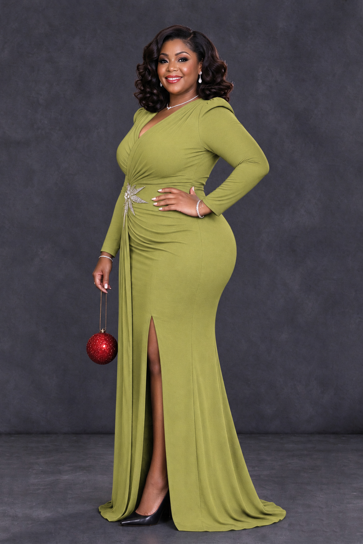 BOLODOO Chartreuse Plus Size Long Sleeve V-Neck Mother of the Bride Dress with Slit - Chartreuse - Chartreuse_3
