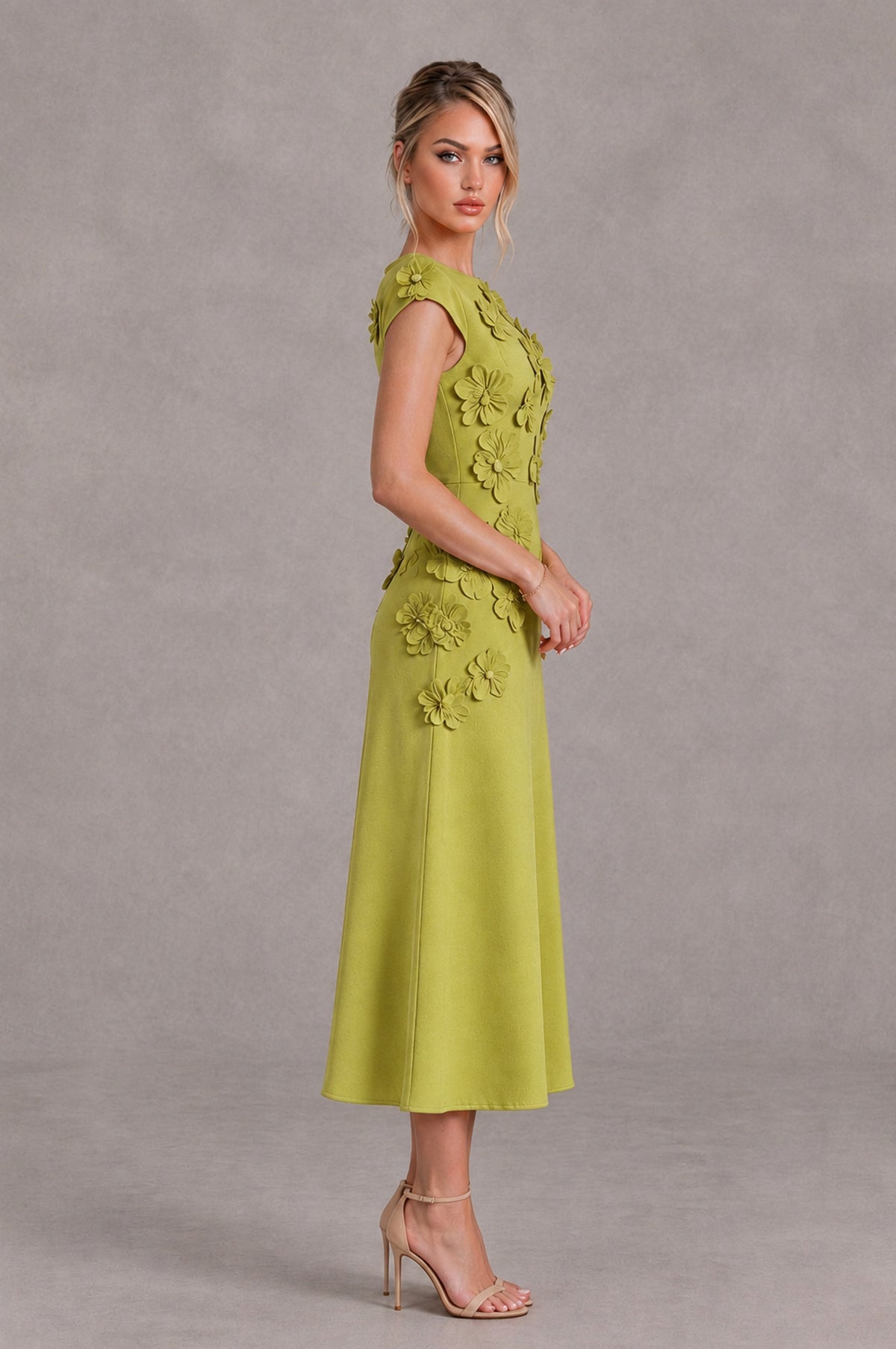 BOLODOO Chartreuse 3D Floral Cap Sleeve Midi Cocktail Dress - Chartreuse - Chartreuse_3