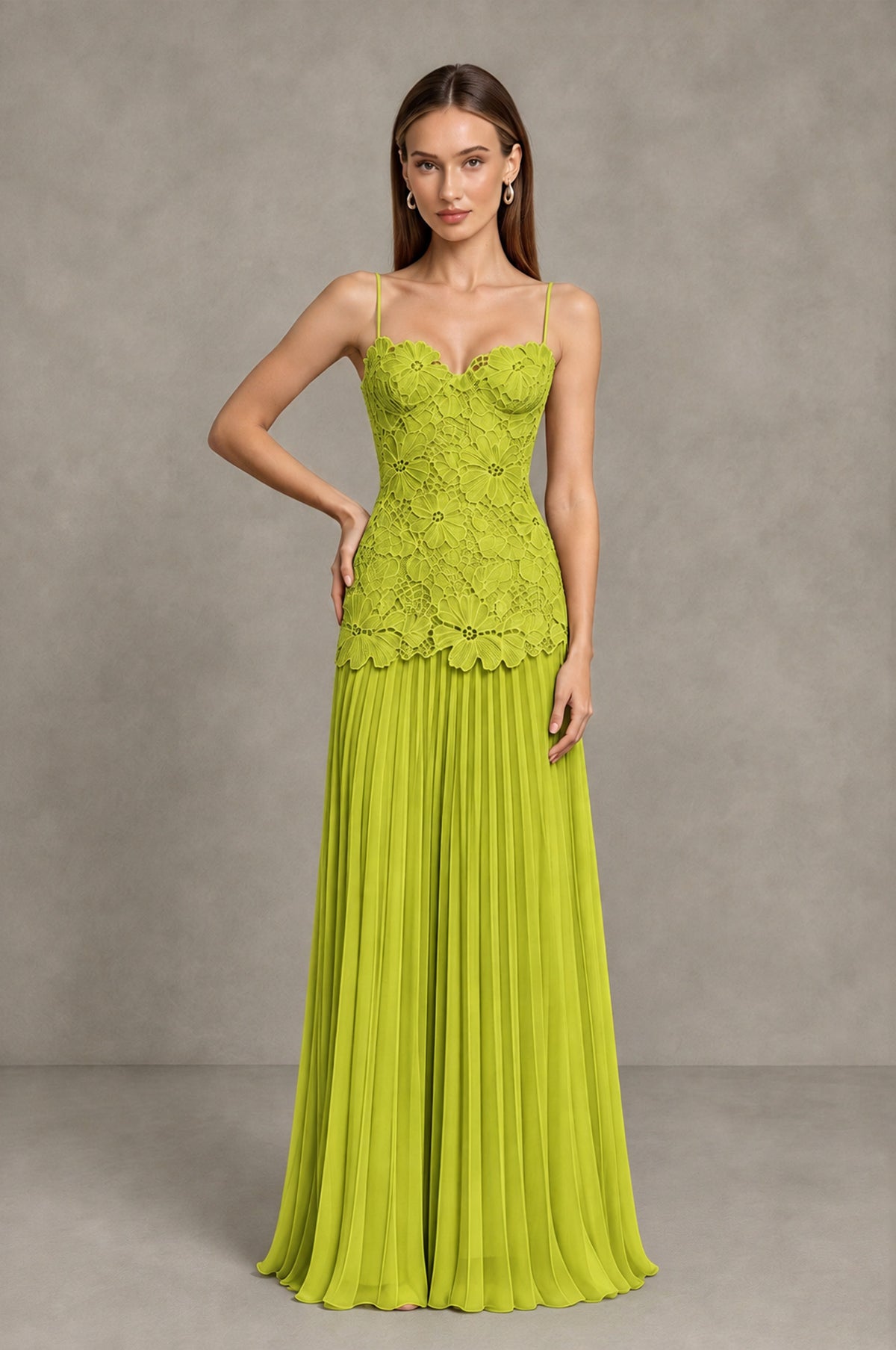 BOLODOO Chartreuse Lace Bodice Pleated Wedding Guest Dress - Chartreuse - Chartreuse_3