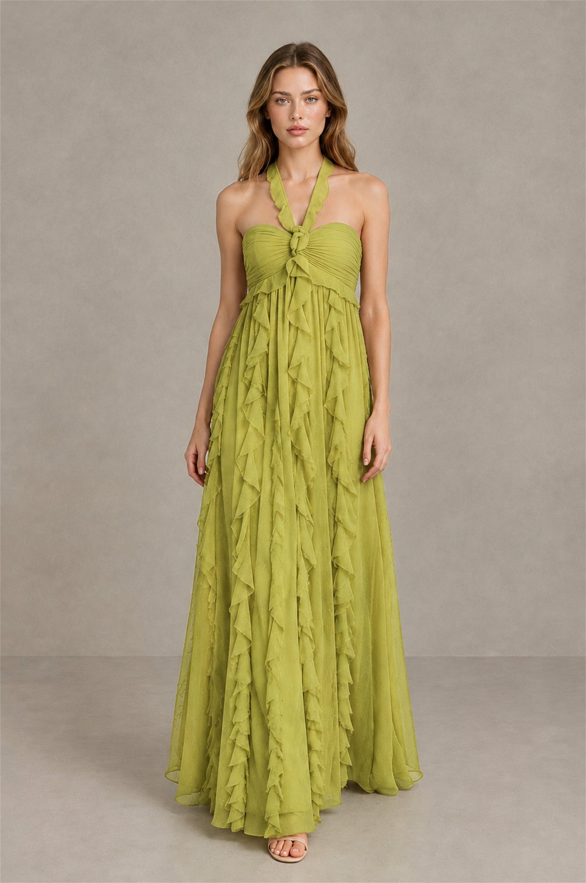 BOLODOO Chartreuse Halter Ruffle A-Line Floor-Length Evening Dress - Chartreuse - Chartreuse_4