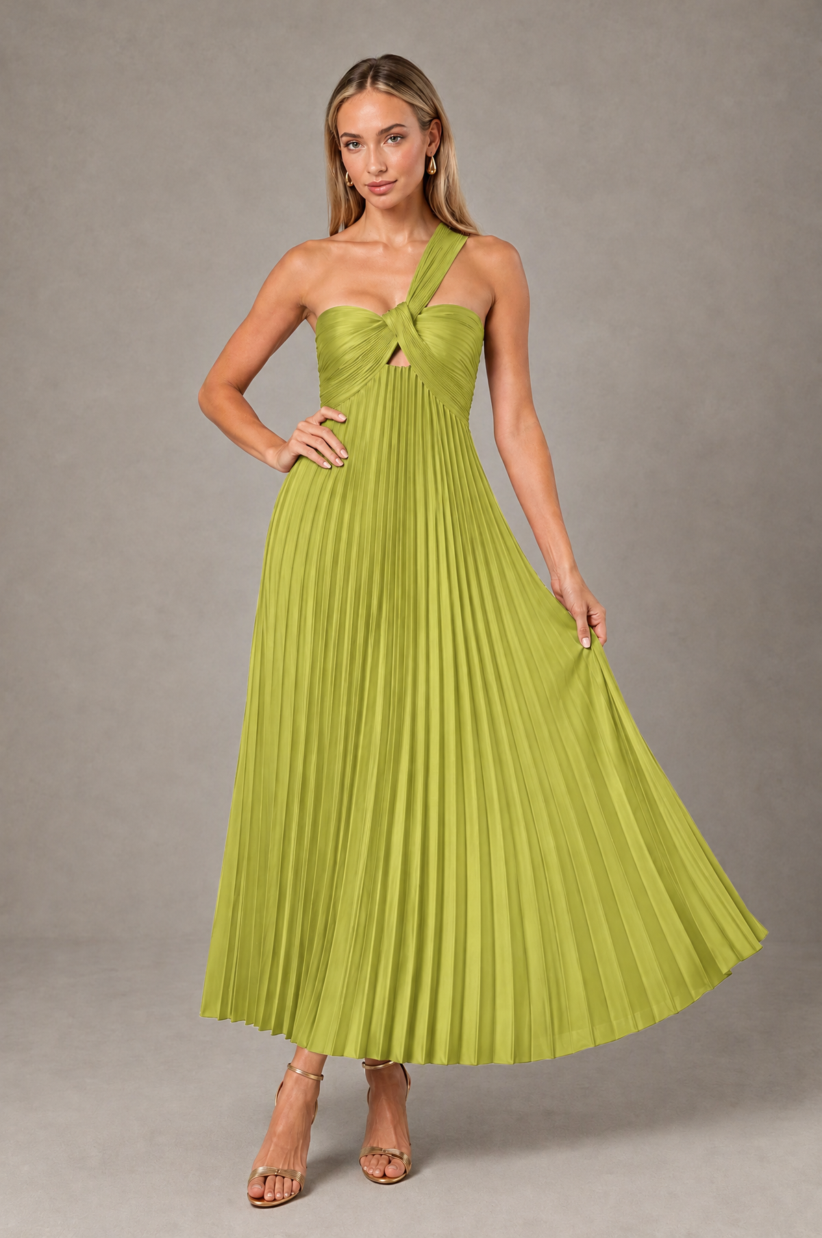 BOLODOO Chartreuse One-Shoulder Twist Knot Pleated Satin Midi Dress with Cutout - Chartreuse - Chartreuse_4