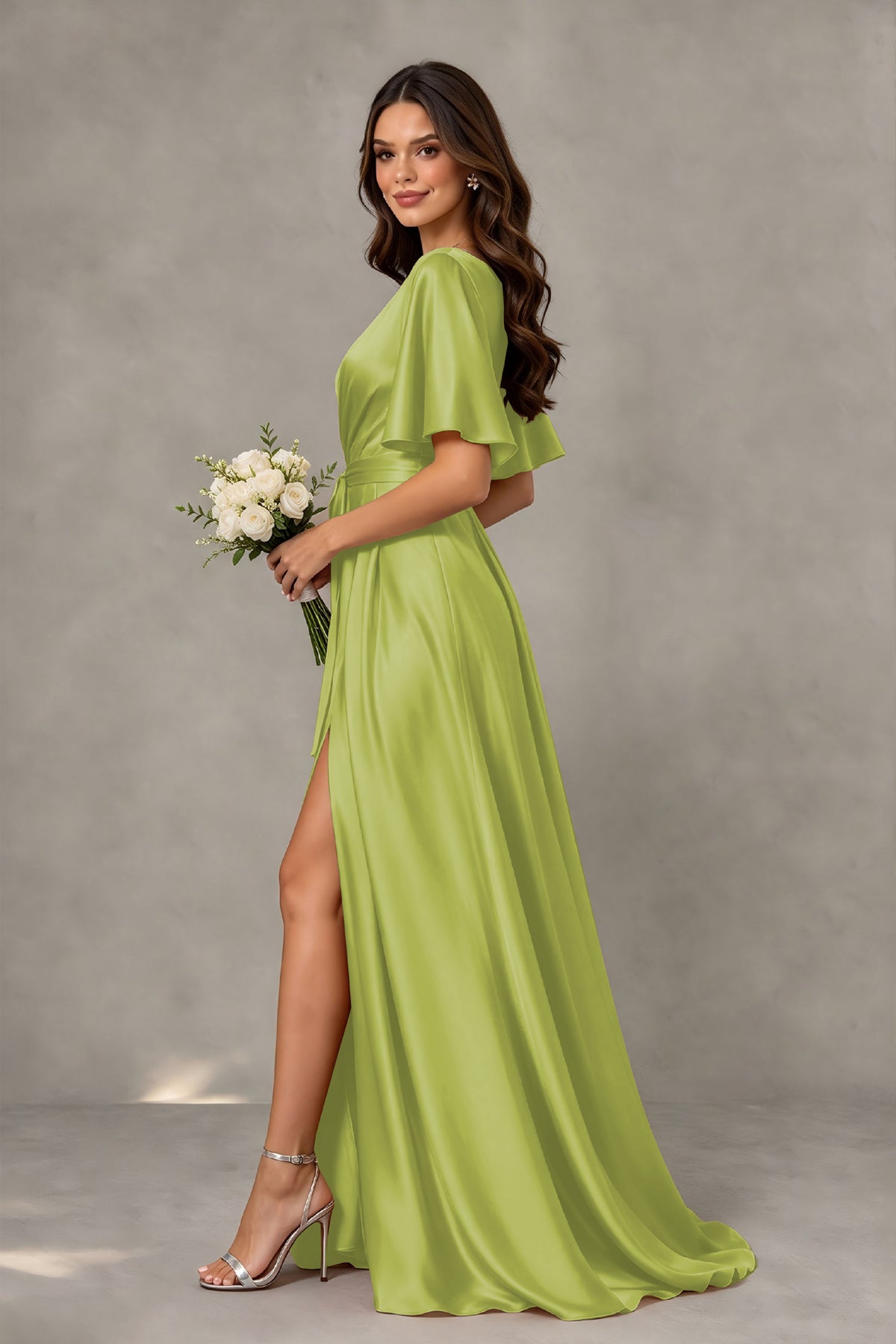 BOLODOO Chartreuse Satin V-Neck Flutter Sleeve Bridesmaid Dress with Slit - Chartreuse - Chartreuse(4)