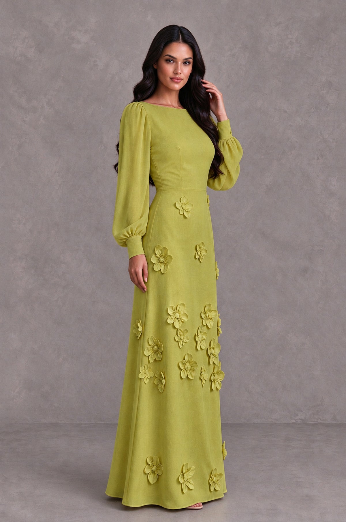 BOLODOO Chartreuse Long Sleeve Floral Applique A-Line Evening Dress - Chartreuse - Chartreuse_4