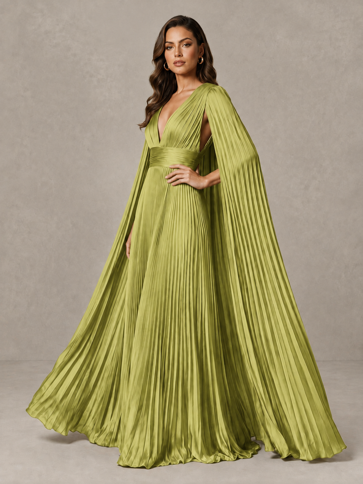 BOLODOO Chartreuse Deep V-Neck Pleated Cape Sleeve Evening Gown - Chartreuse - Chartreuse_4