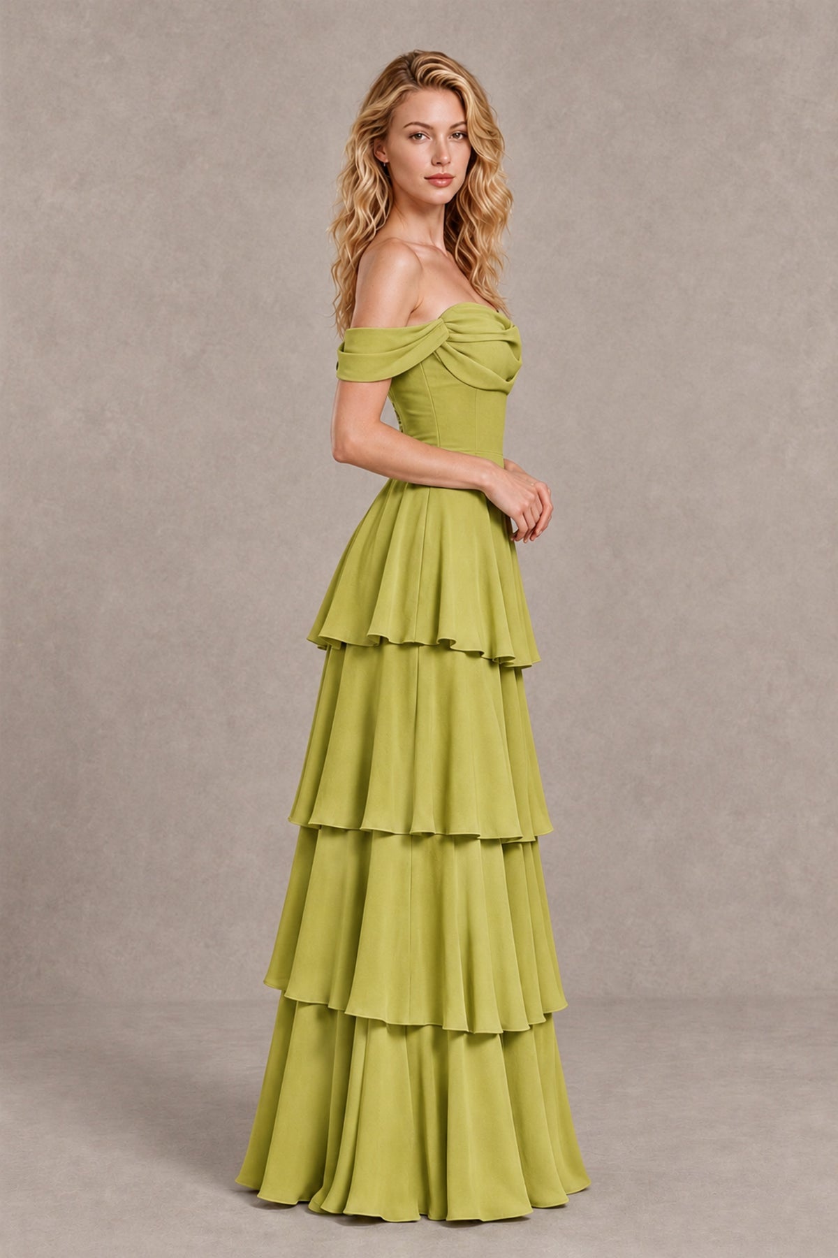 BOLODOO Chartreuse Off-the-Shoulder Tiered A-Line Evening Bridesmaid Dress - Chartreuse - Chartreuse_4