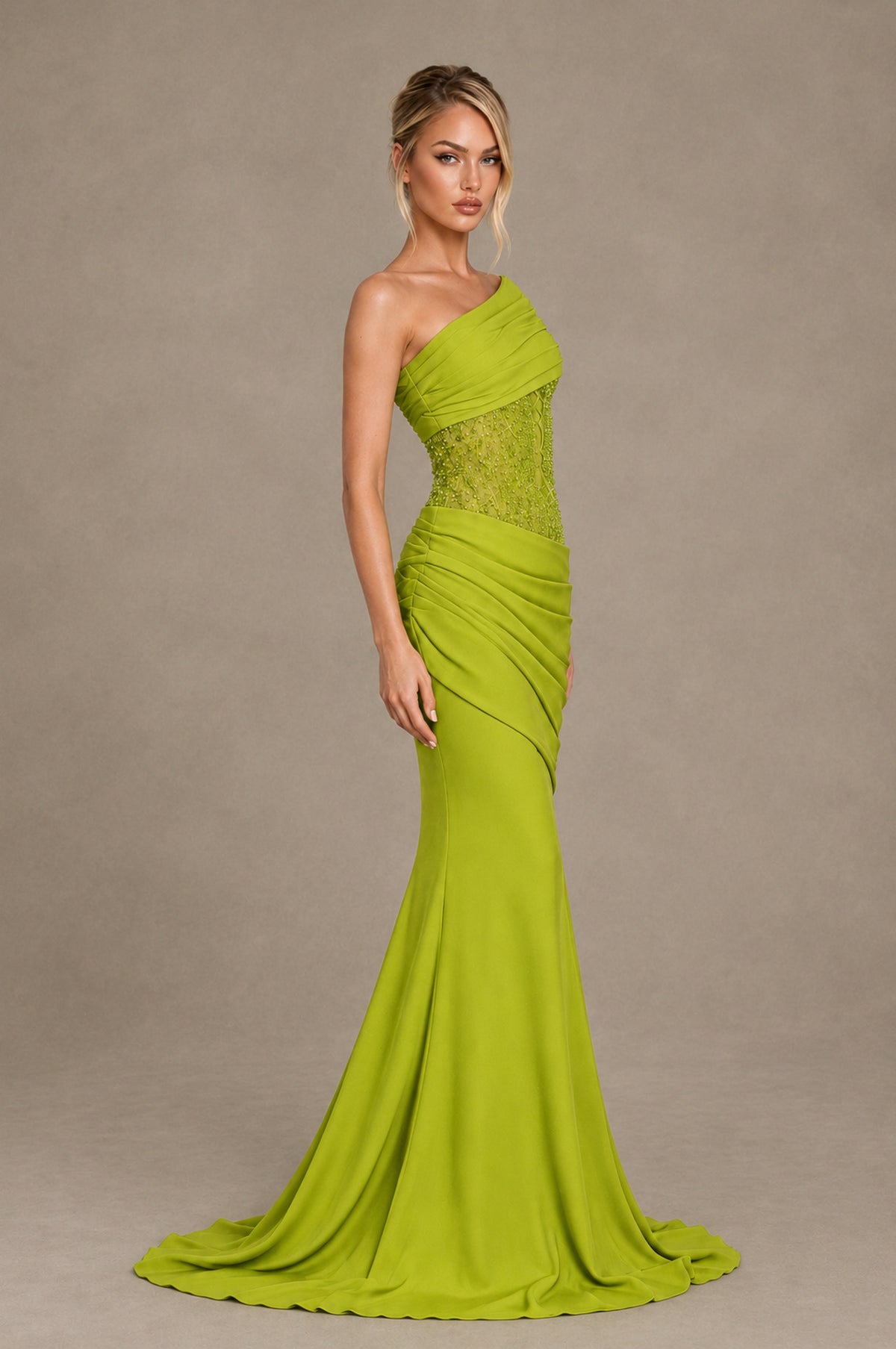 BOLODOO Chartreuse One-Shoulder Sequin Embroidered Ruched Mermaid Gown with Train - Chartreuse - Chartreuse_4