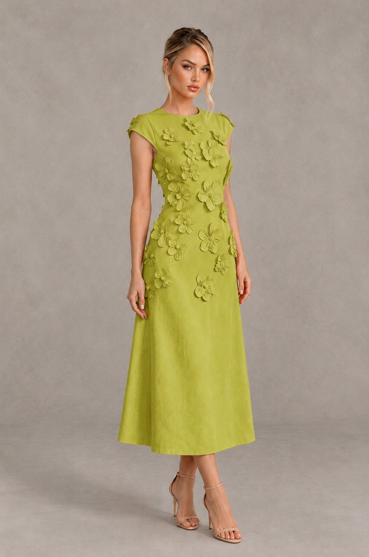 BOLODOO Chartreuse 3D Floral Cap Sleeve Midi Cocktail Dress - Chartreuse - Chartreuse_4