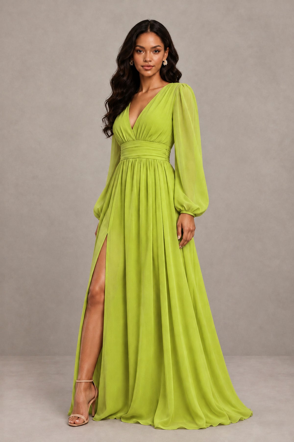 BOLODOO Chartreuse Long Sleeve V-Neck A-Line Gown with Open Back & Slit - Chartreuse - Chartreuse_4