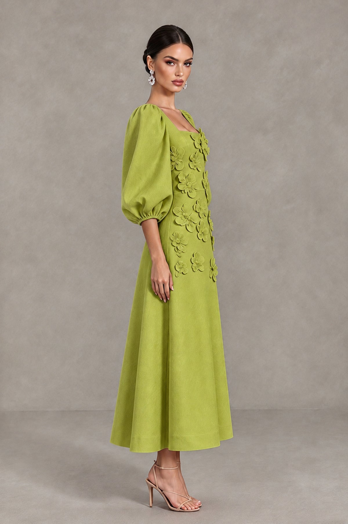 BOLODOO Chartreuse 3D Floral Puff Sleeve Midi Cocktail Dress - Chartreuse - Chartreuse_4